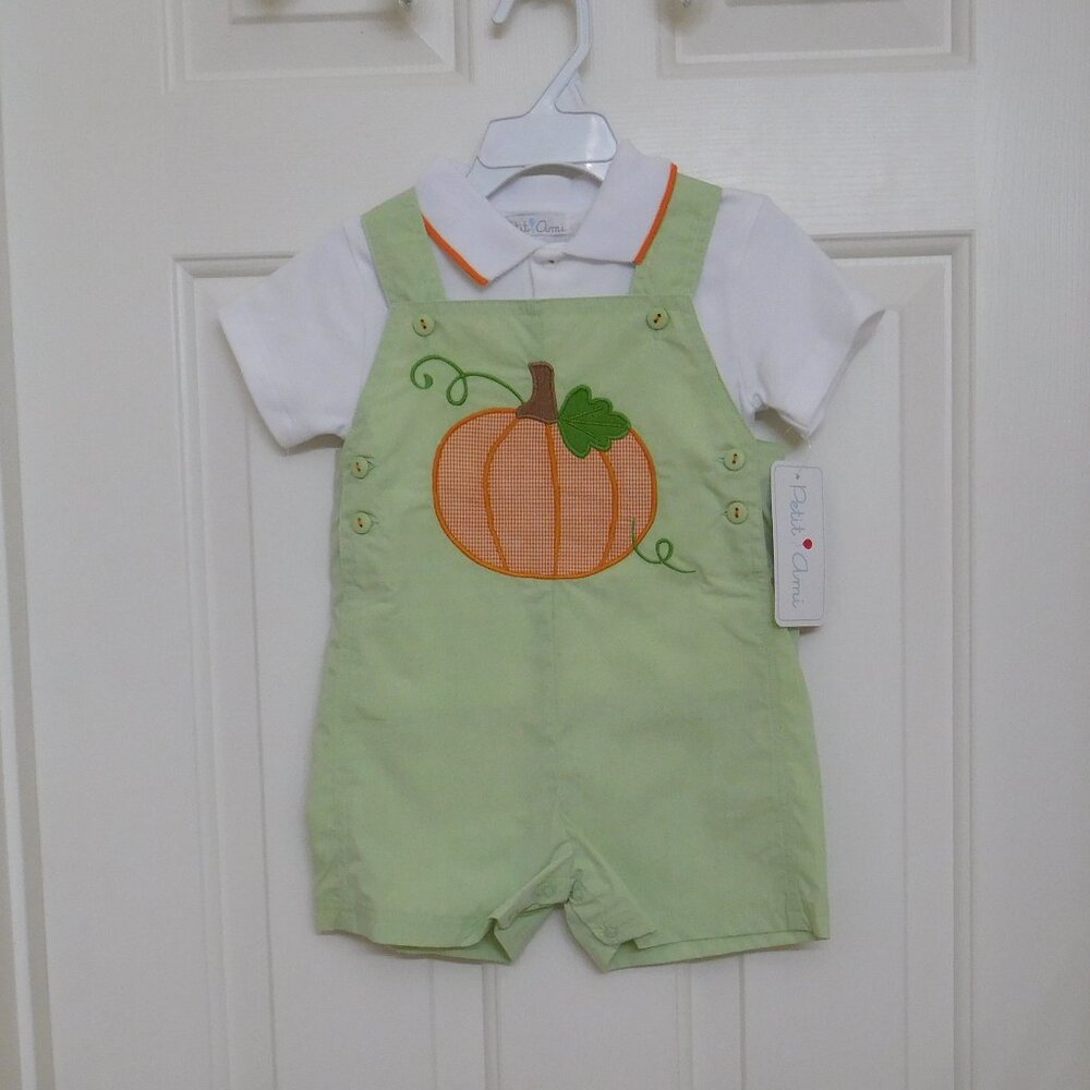 NWT 2pc Petit Ami Polo Shirt & Pumkin Shortalls Set sz 18 Months